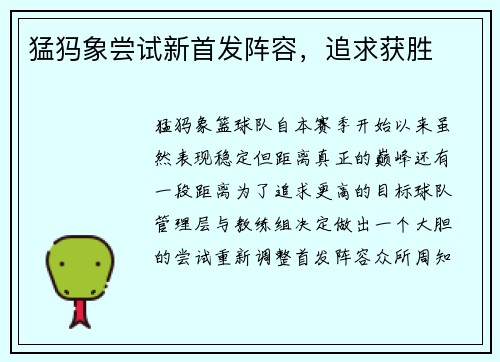 猛犸象尝试新首发阵容，追求获胜